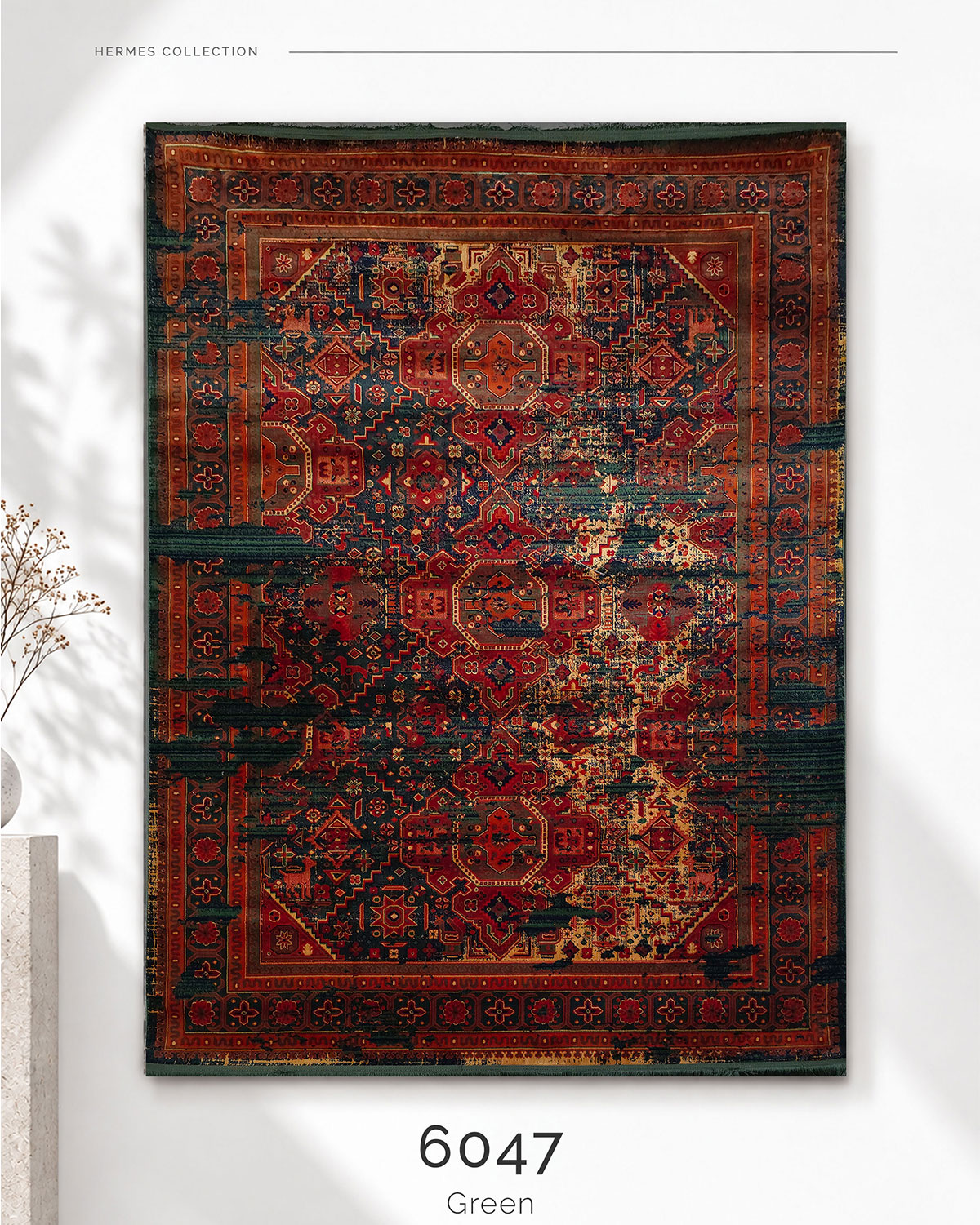 HERMES 6047 Green | Distressed Persian Rug | Lorenzo Carpet